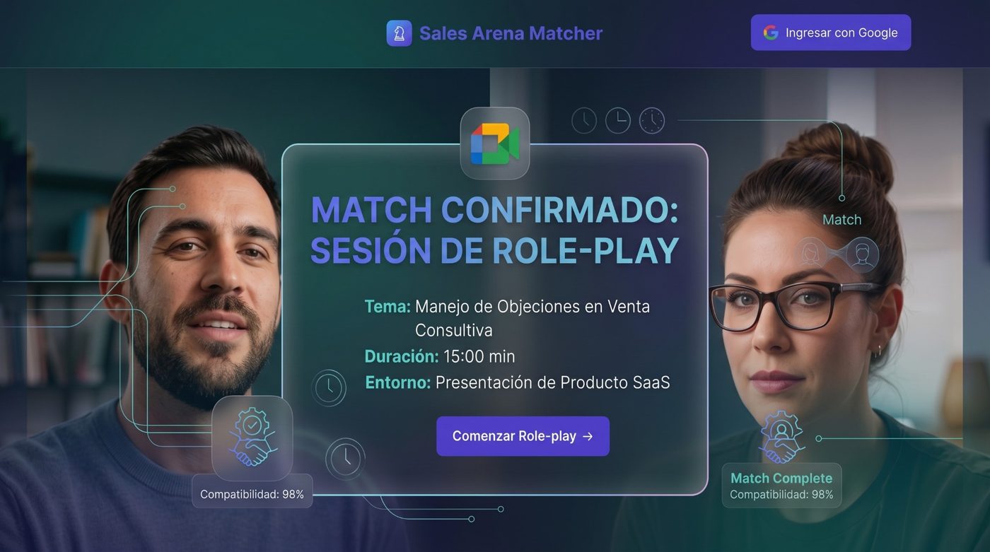Pantalla de Sales Arena Matcher mostrando un match confirmado entre dos closers para una sesión de role-play, con el enlace de Google Meet ya generado.